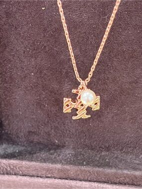 Tory Burch Moondance rose Gold Crystal Logo pearl small  Pendant Necklace